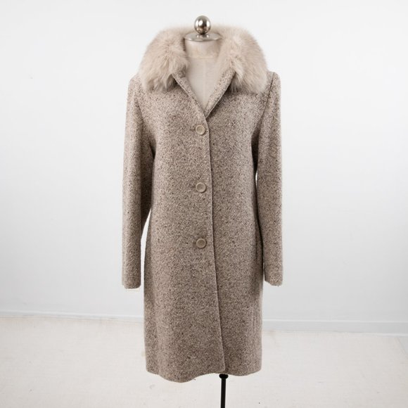 Vintage 90s M/L Fox Fur Collar Tweed Coat Tan - Picture 4 of 15